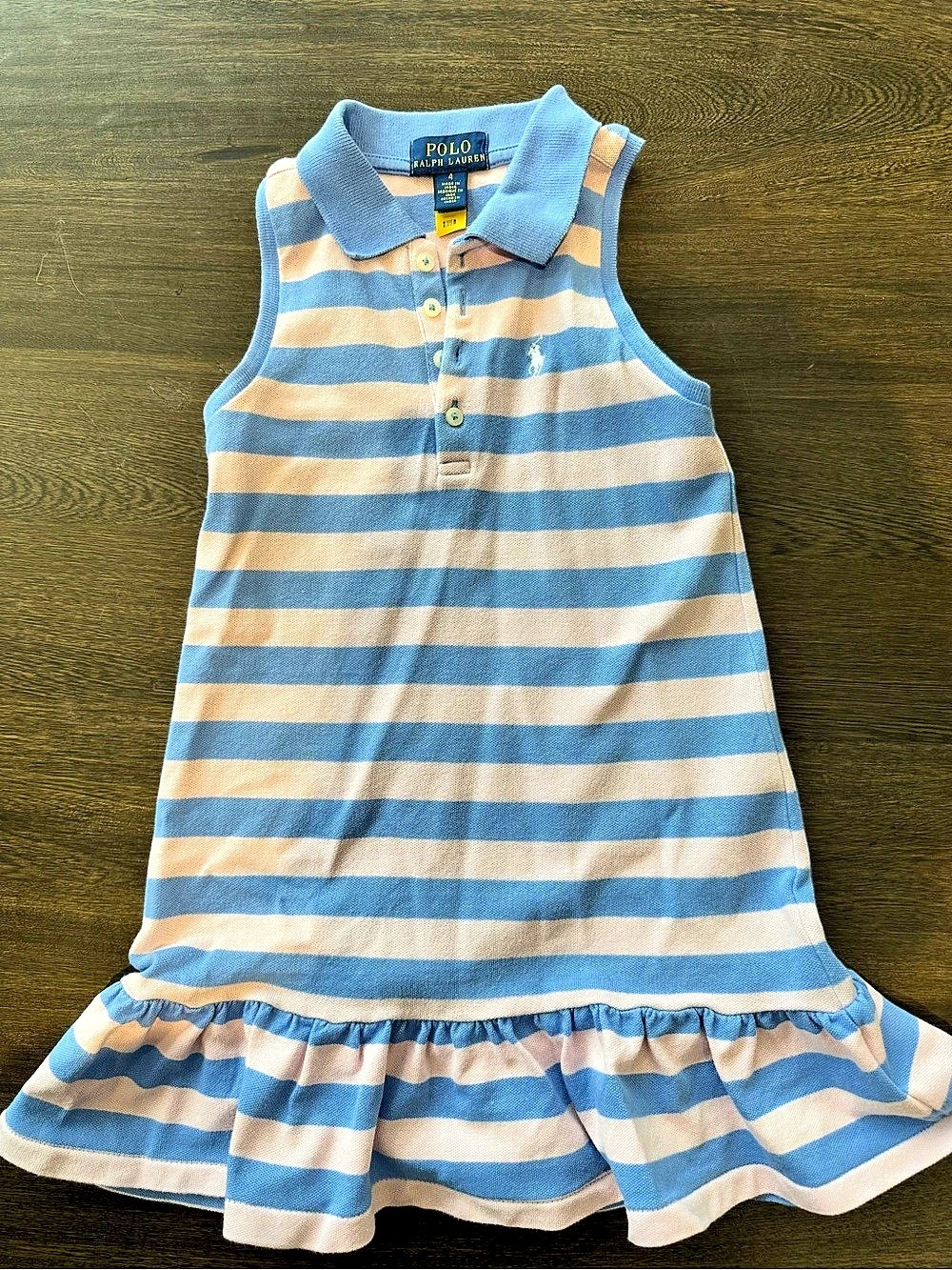 Polo Ralph Lauren Girls Striped Mesh Polo Dress with Ruffle Hem Size 4